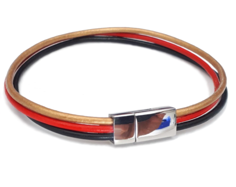 Schmales Echtleder-Armband, schwarz-rot-gold, Magnetverschluss aus Edelstahl