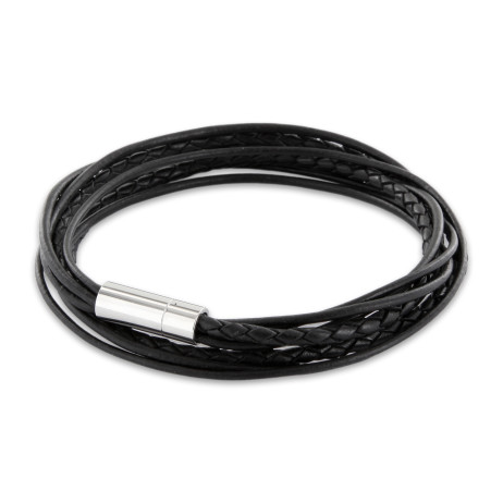 Armband Kette geflochtene und glatte Lederbänder schwarz mit Edelstahl Magnetverschluss
